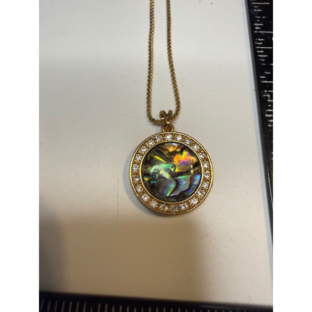 Nina Ricci Gold Tone Abalone Shell Crystal Halo Pendant Necklace NR Signed